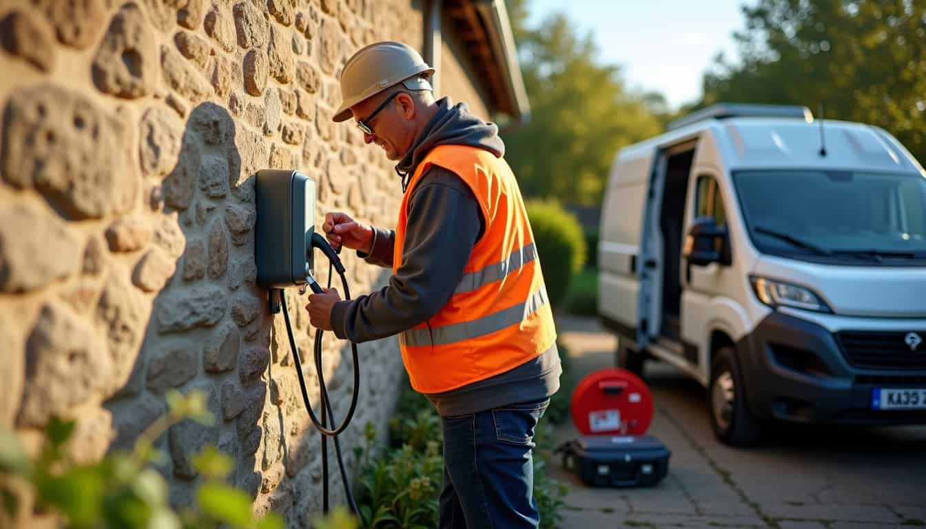 Électricien en train d'installer une borne de recharge électrique à l'extérieur d'une maison à Salles-la-Source