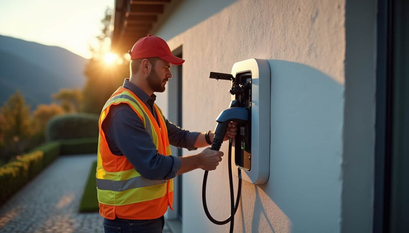 Électricien en train d'installer une borne de recharge électrique à l'extérieur d'une maison