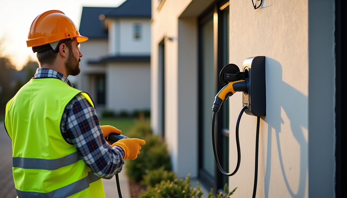 Électricien en train d'installer une borne de recharge électrique à l'extérieur d'une maison