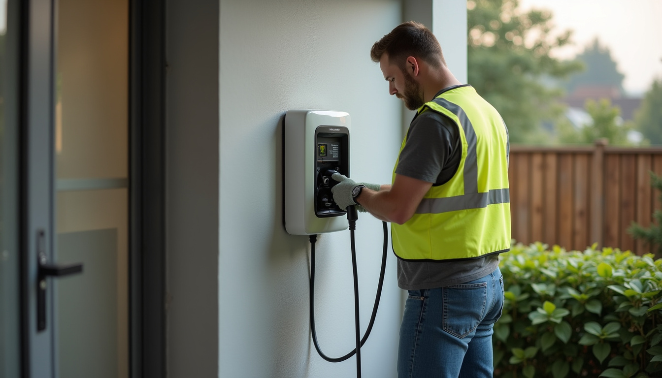 Électricien en train d'installer une borne de recharge électrique à Limeray