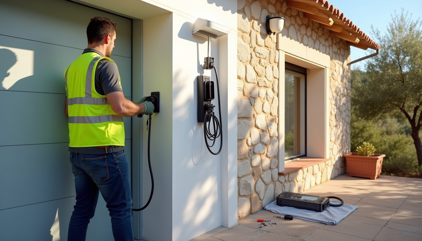 Électricien en train d’installer une borne de recharge électrique à Linguizzetta