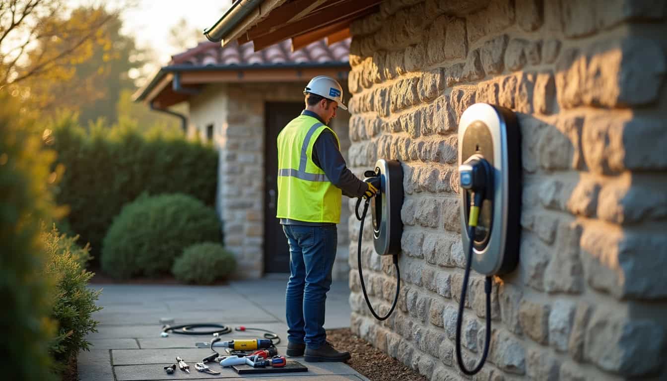 Électricien en train d'installer une borne de recharge électrique à Malemort