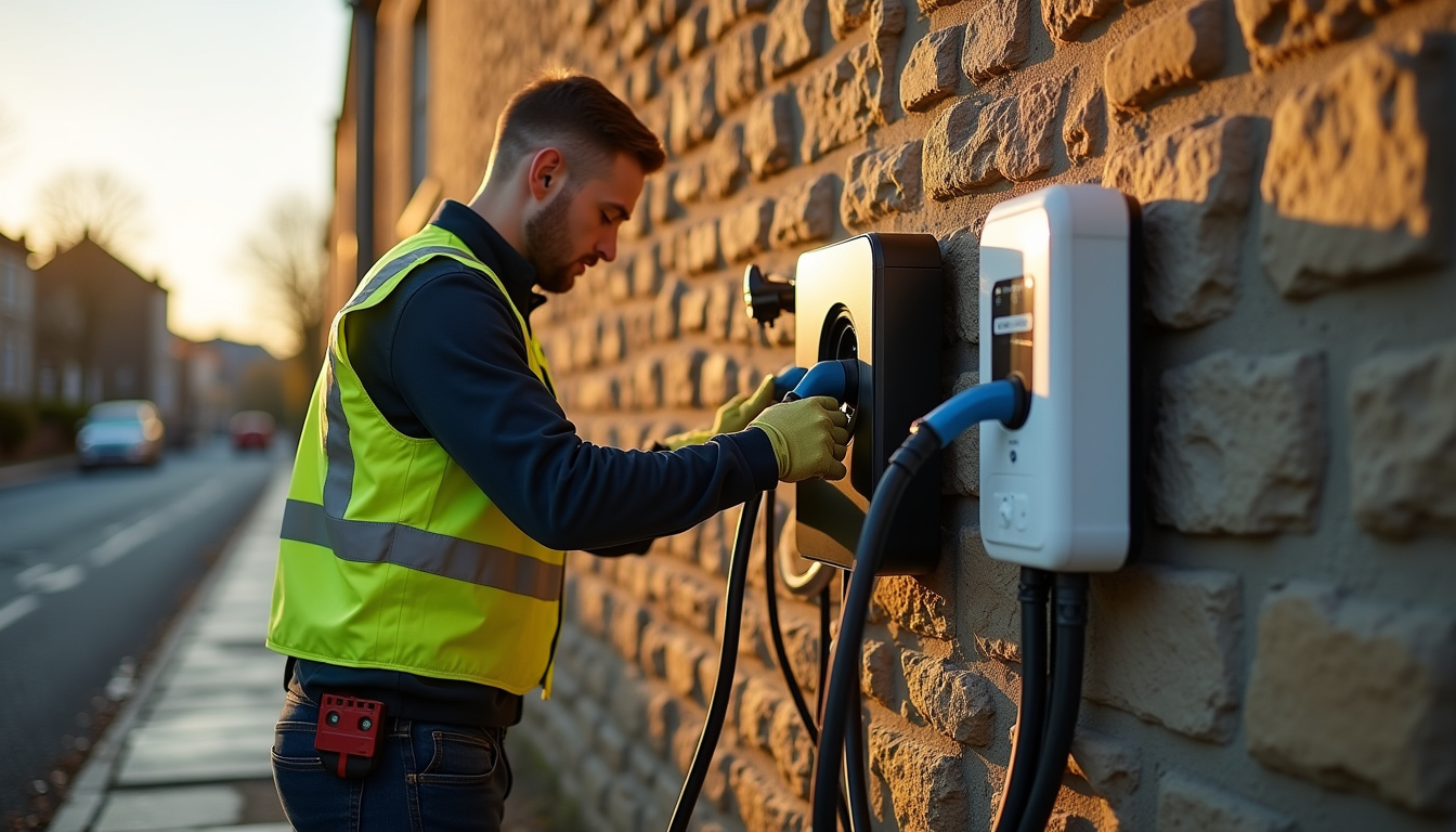 Électricien en train d'installer une borne de recharge électrique à Mandeure
