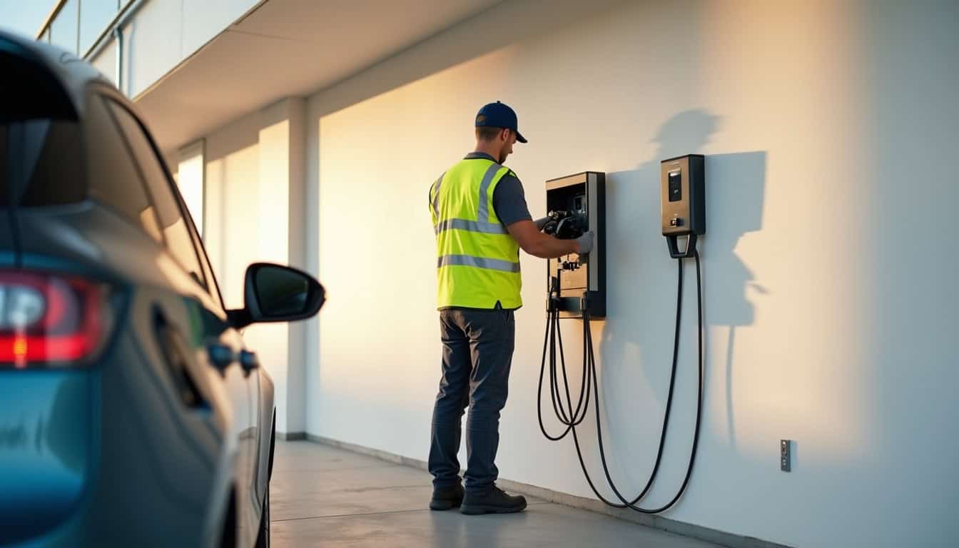 Électricien en train d’installer une borne de recharge électrique à Melun