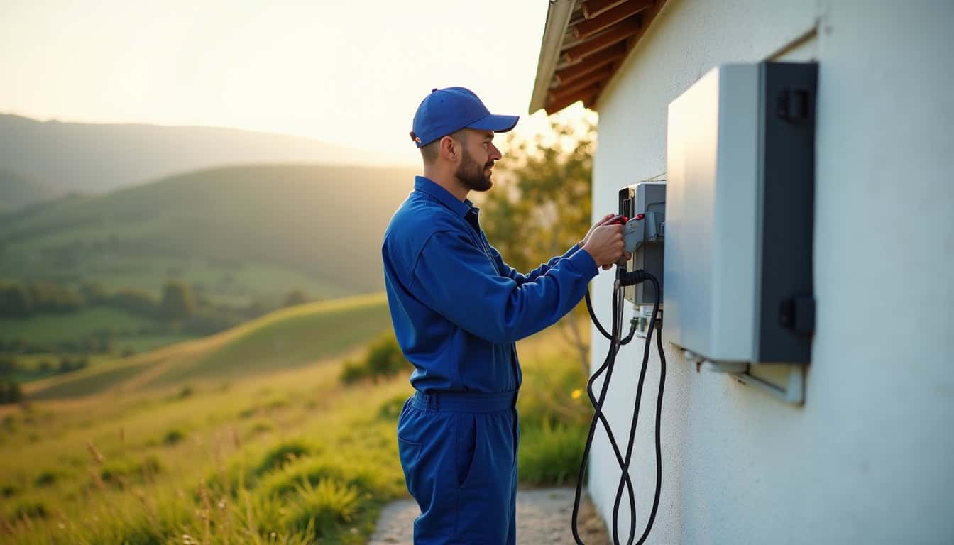 Électricien en train d’installer une borne de recharge électrique à Mercus-Garrabet