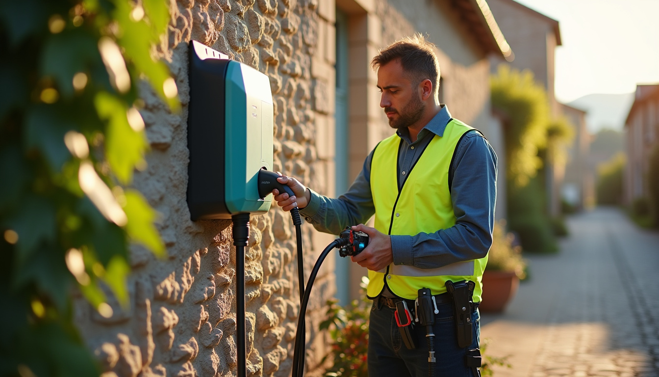 Électricien en train d’installer une borne de recharge électrique à Meymac
