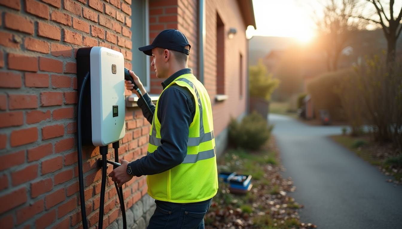 Électricien en train d'installer une borne de recharge électrique à Montcenis