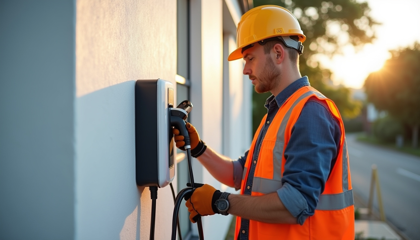 Électricien en train d’installer une borne de recharge électrique à Muron