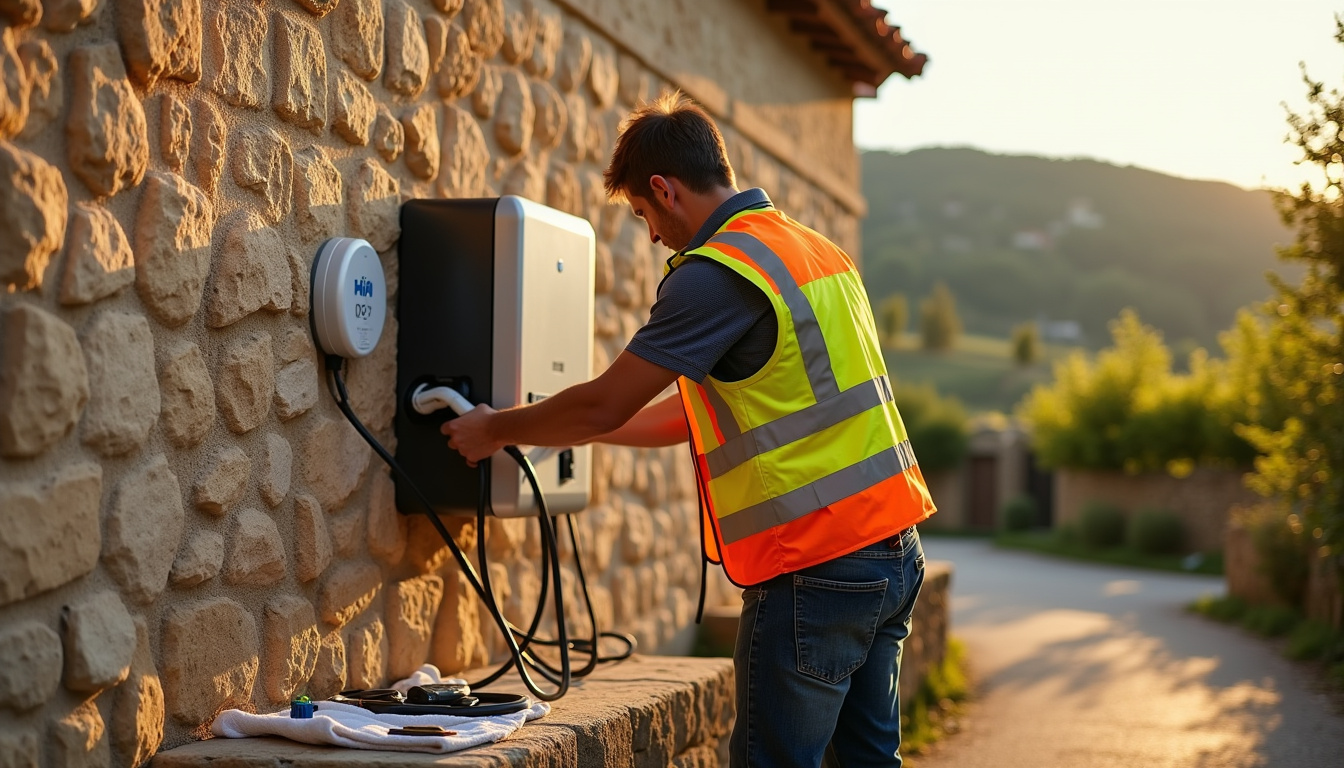 Électricien en train d'installer une borne de recharge électrique à Neffiès