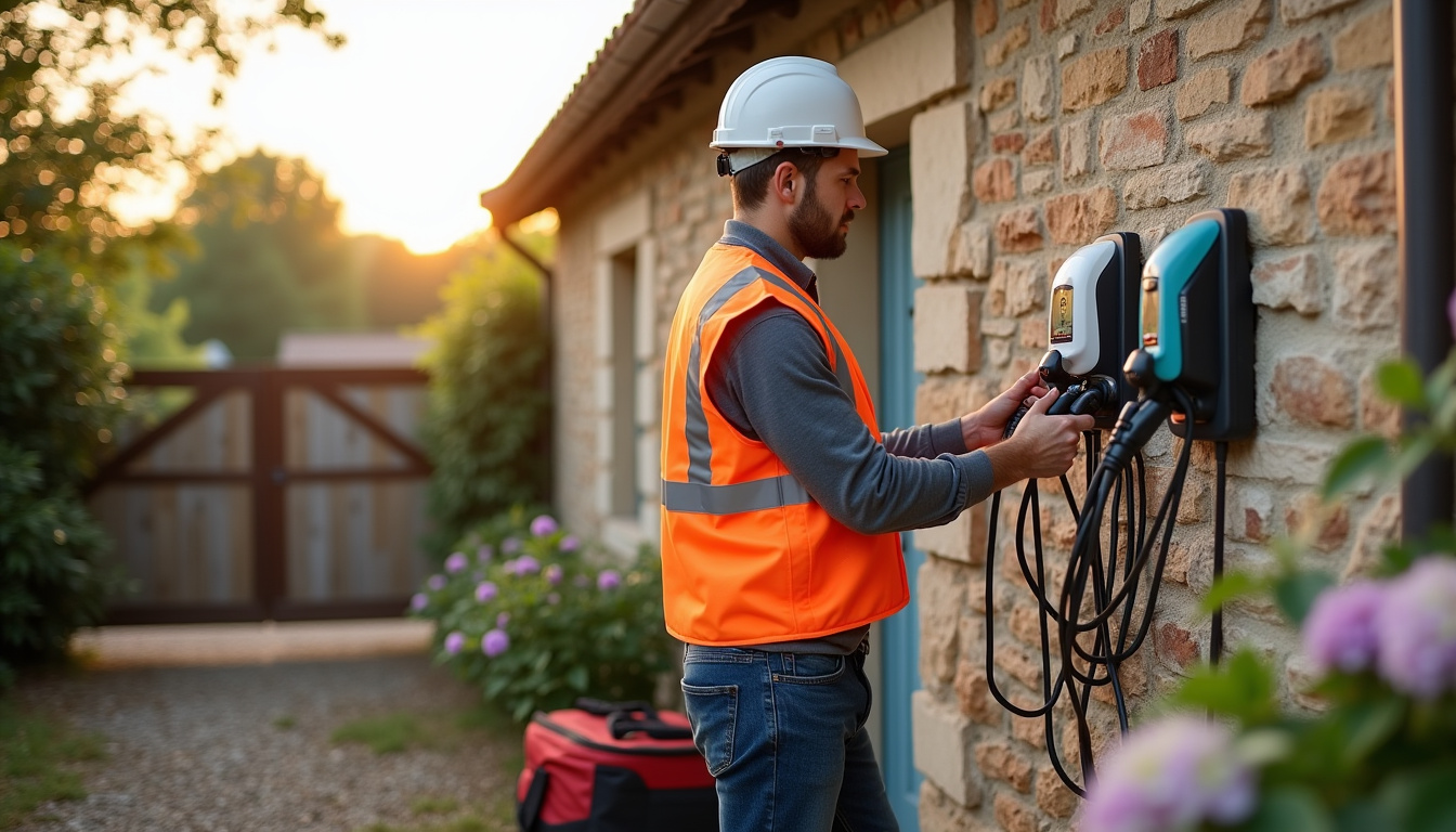 Électricien en train d'installer une borne de recharge électrique à Neuvy-sur-Loire