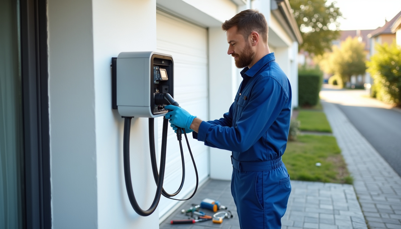 Électricien en train d'installer une borne de recharge électrique à Nointel