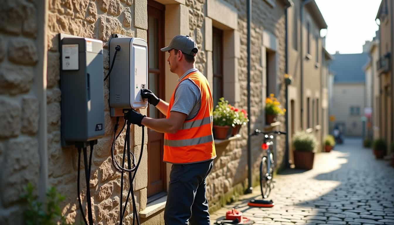 Électricien en train d'installer une borne de recharge électrique à Pont-Aven