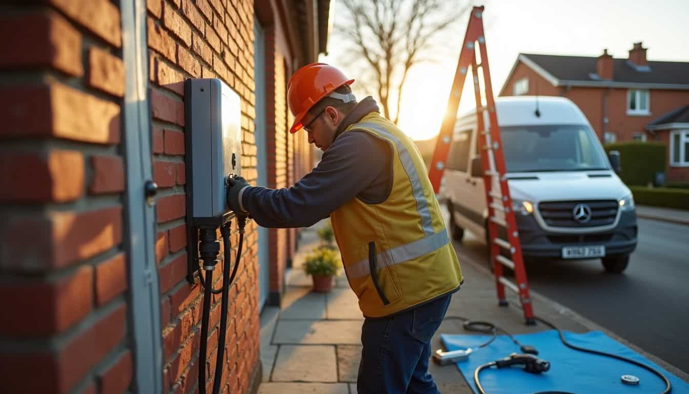 Électricien en train d'installer une borne de recharge électrique à Revel