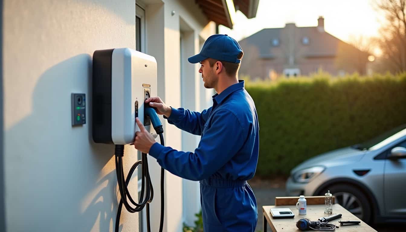 Électricien en train d’installer une borne de recharge électrique à Saint-Erme-Outre-et-Ramecourt