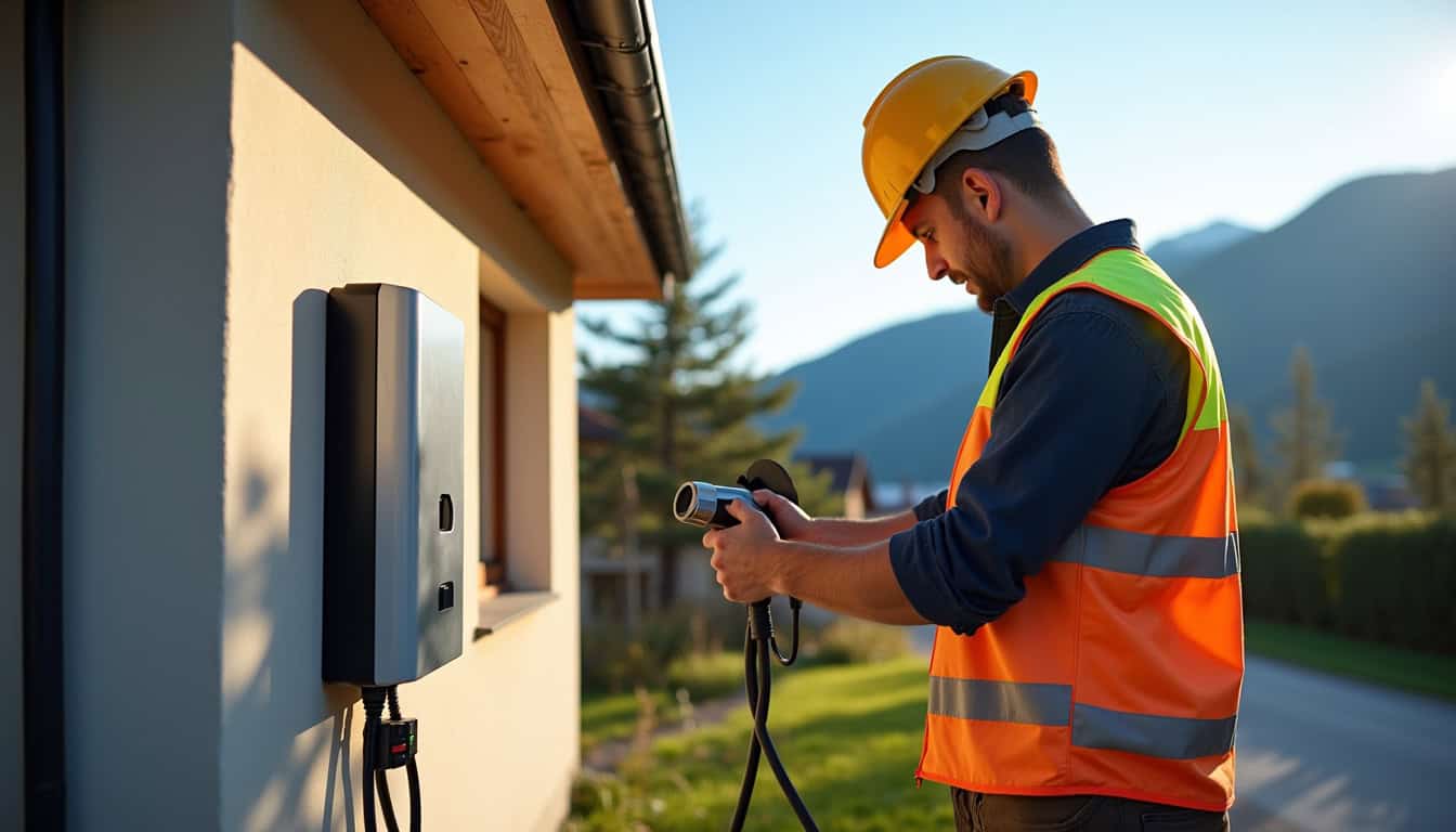 Électricien en train d'installer une borne de recharge électrique à Saint-Jean-d’Arvey