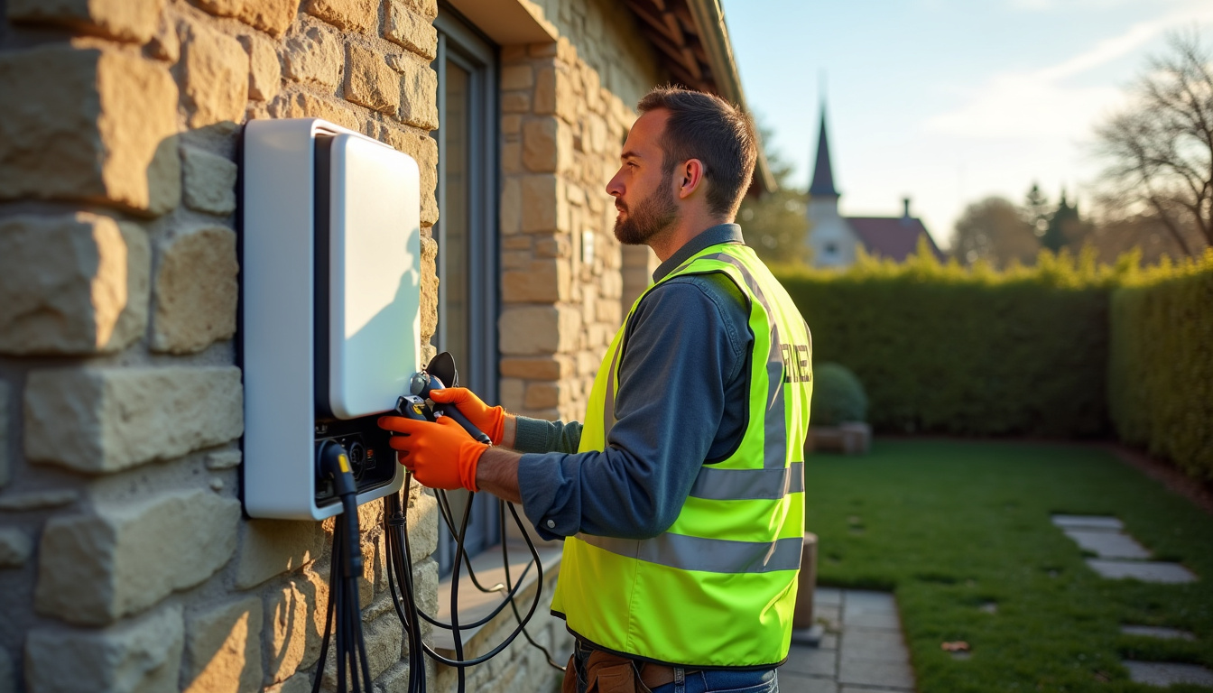 Électricien en train d’installer une borne de recharge électrique à Saint-Jean-des-Champs