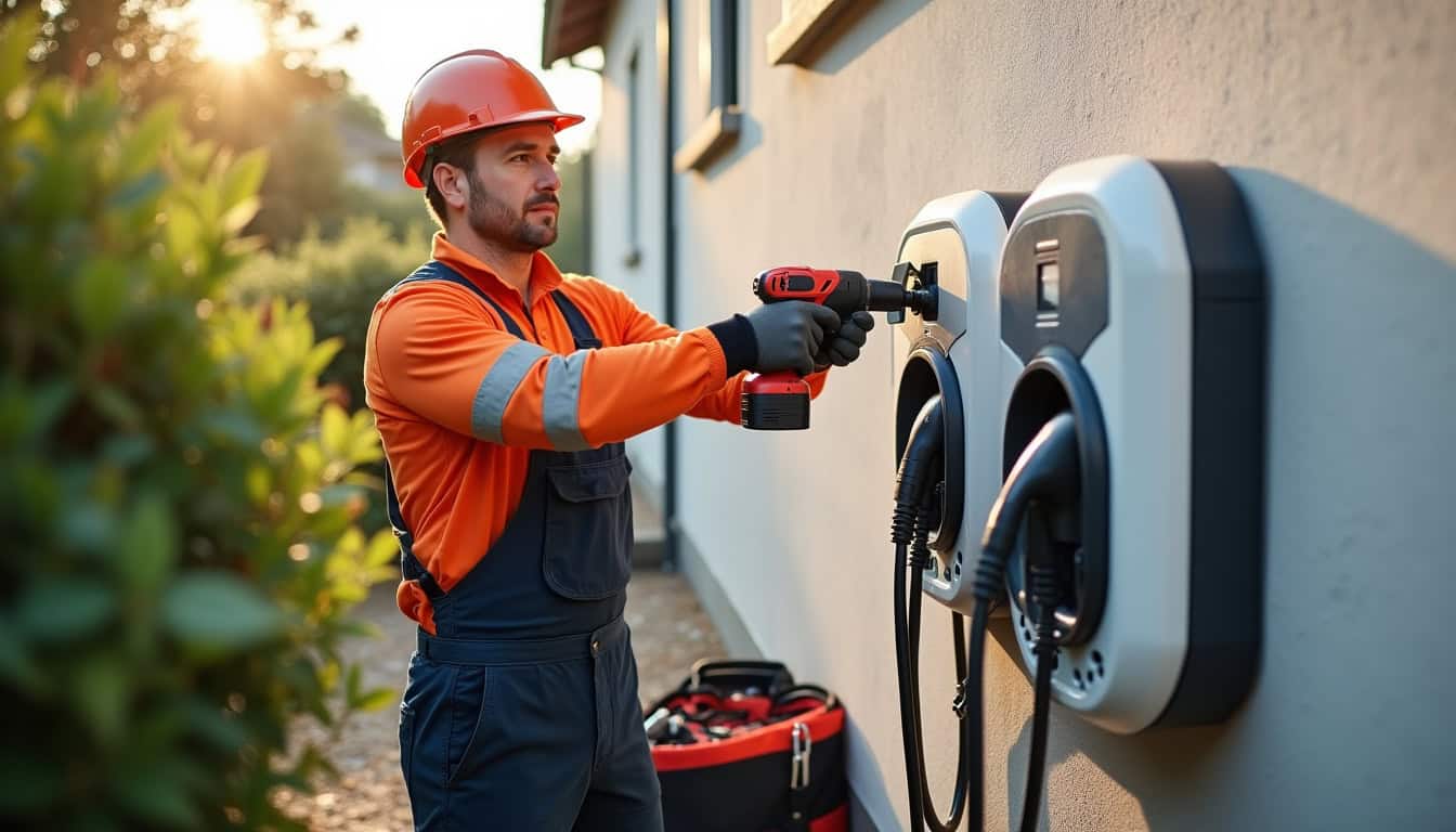 Électricien en train d'installer une borne de recharge électrique à Saint-Jouvent