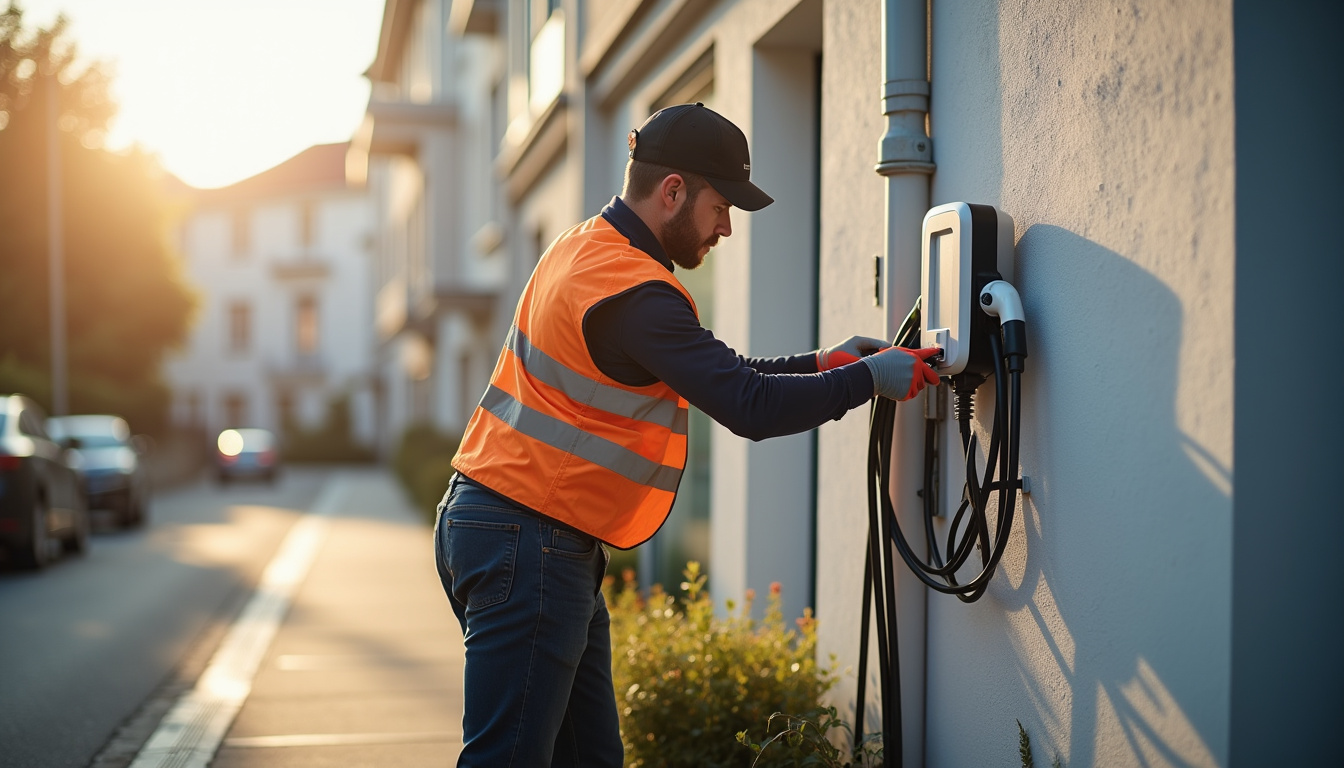 Électricien en train d’installer une borne de recharge électrique à Saint-Ouen
