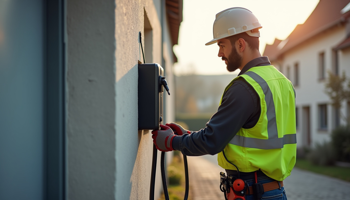 Électricien en train d'installer une borne de recharge électrique à Salins-les-Bains