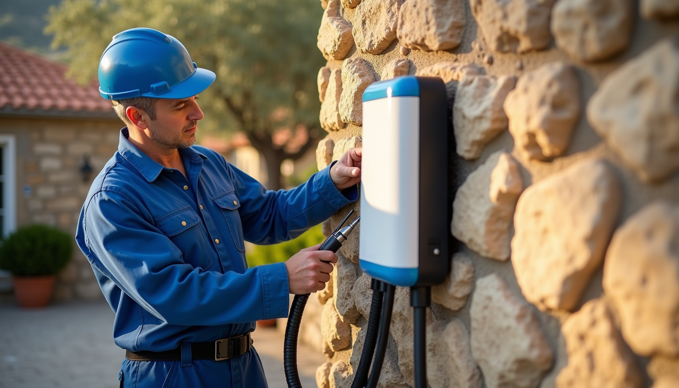 Électricien en train d’installer une borne de recharge électrique à Santa-Reparata-di-Balagna