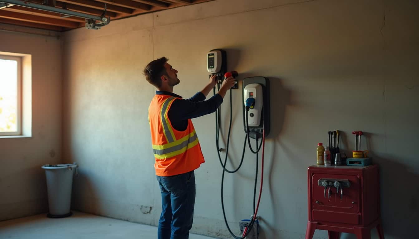 Électricien en train d'installer une borne de recharge électrique à Sarceaux dans un garage privé