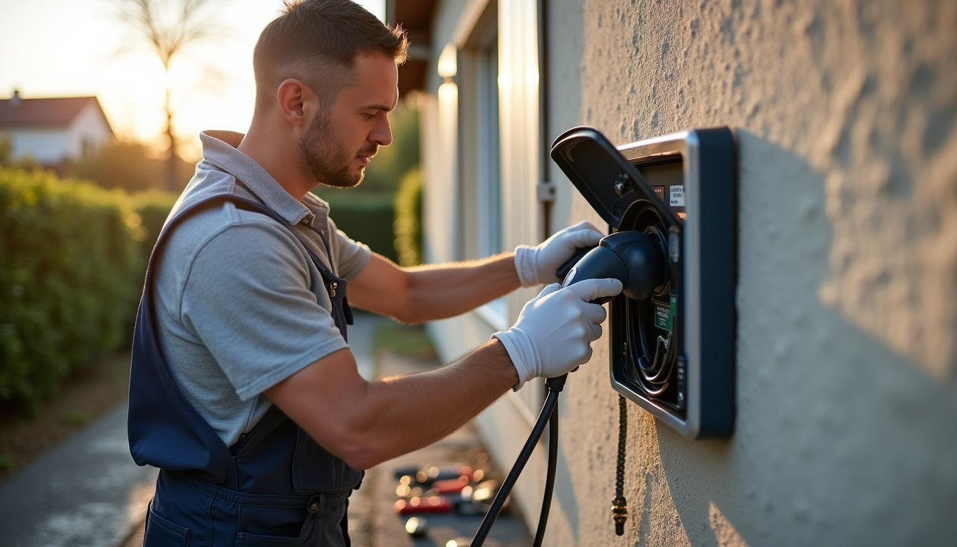 Électricien en train d’installer une borne de recharge électrique à Sourzac, avec outils et boîtier ouvert