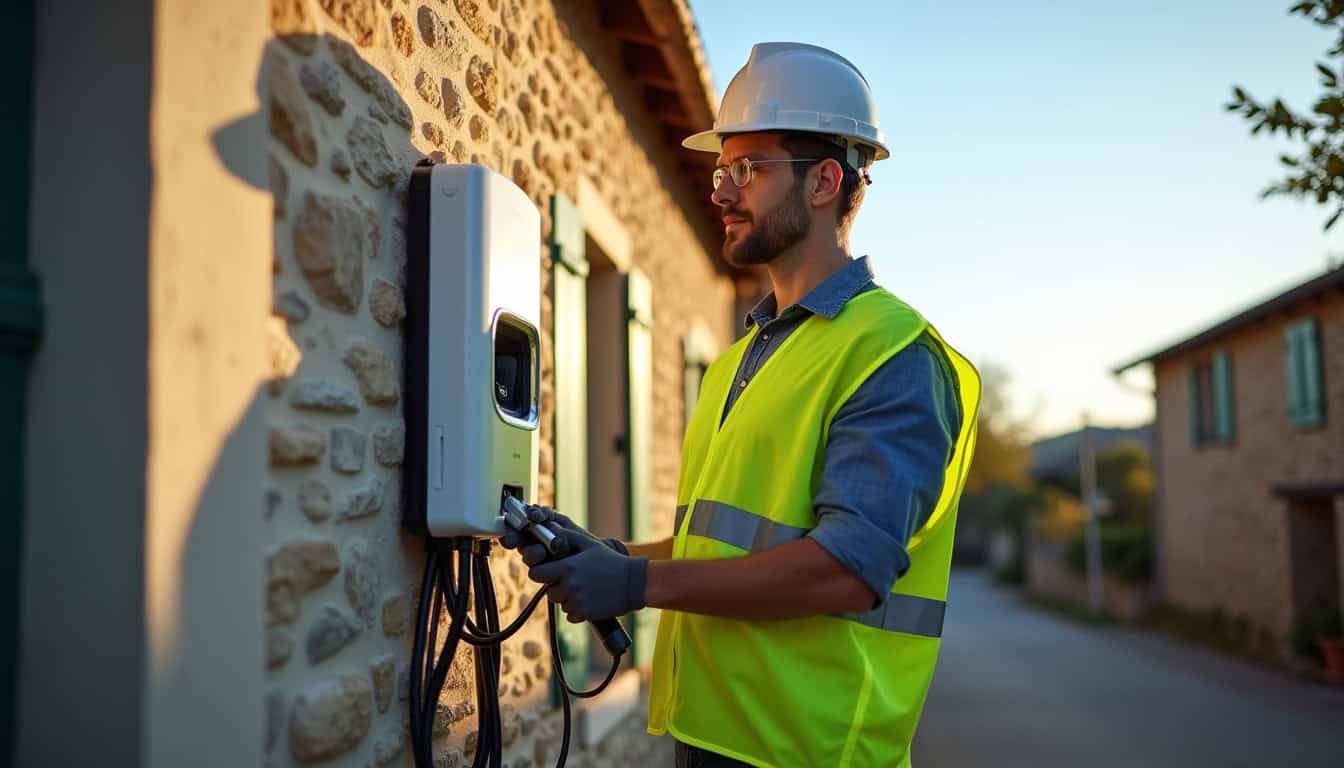 Électricien en train d'installer une borne de recharge électrique à Tauriac, Lot