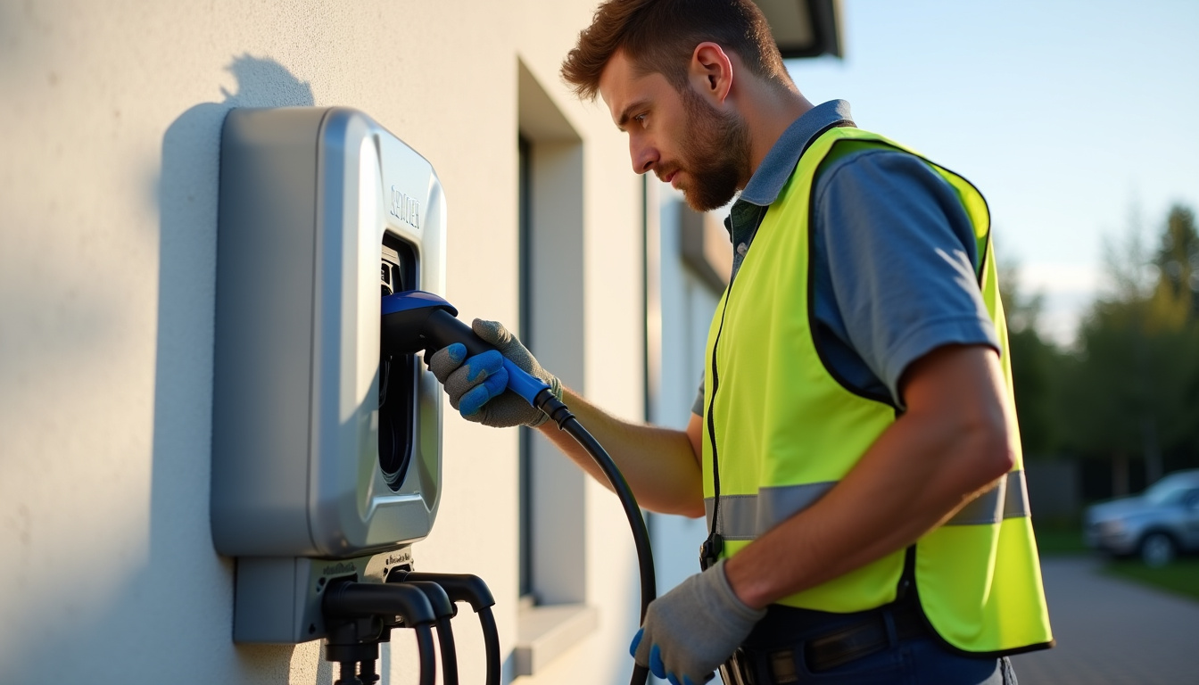 Électricien en train d'installer une borne de recharge électrique à Valençay