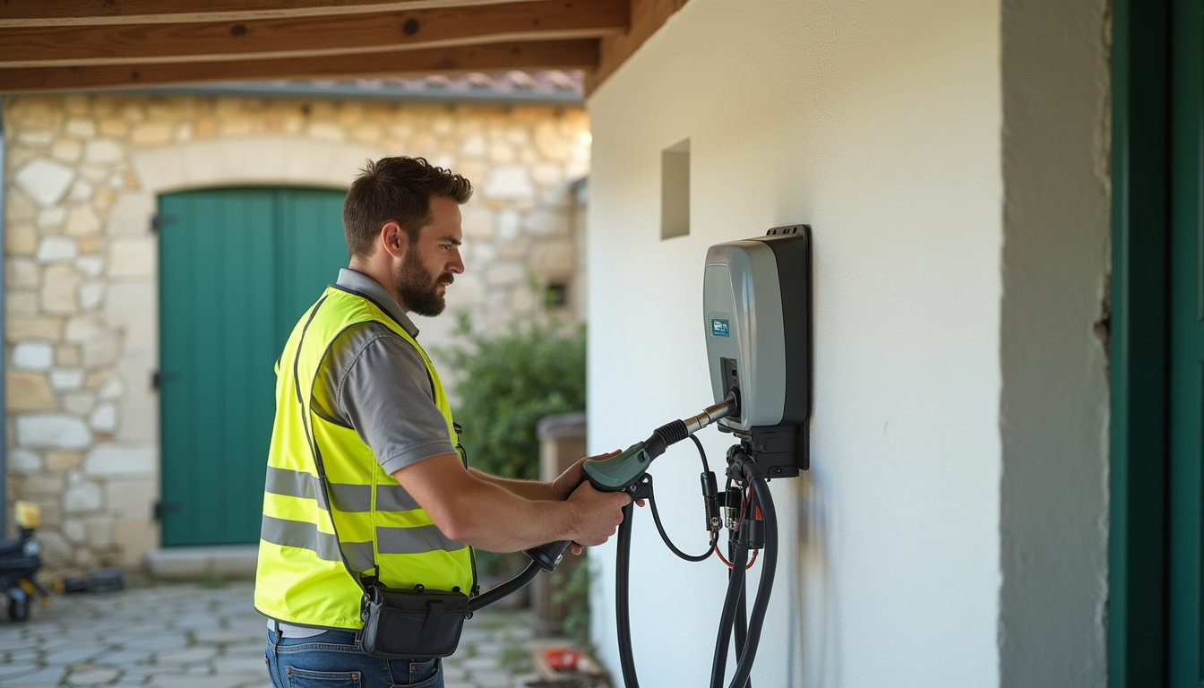 Électricien en train d'installer une borne de recharge électrique à Vélines