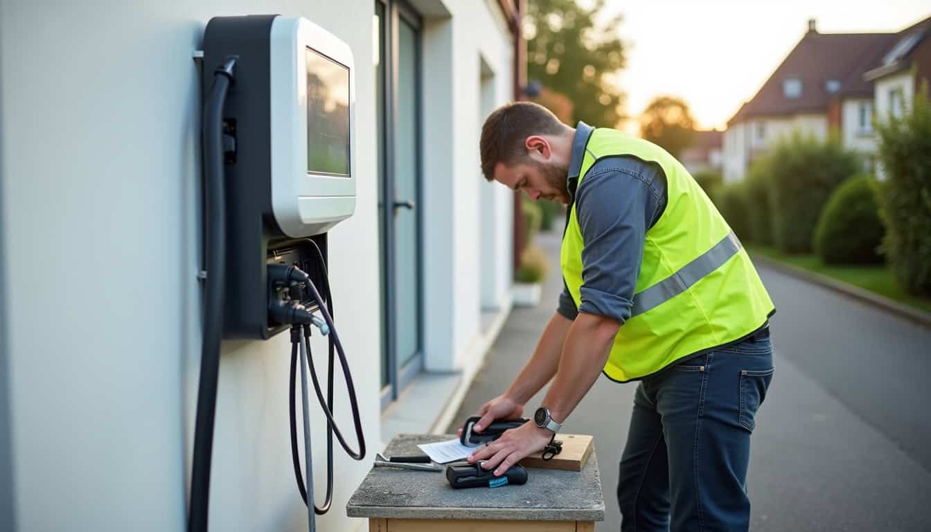 Électricien en train d'installer une borne de recharge électrique à Villiers-sur-Orge