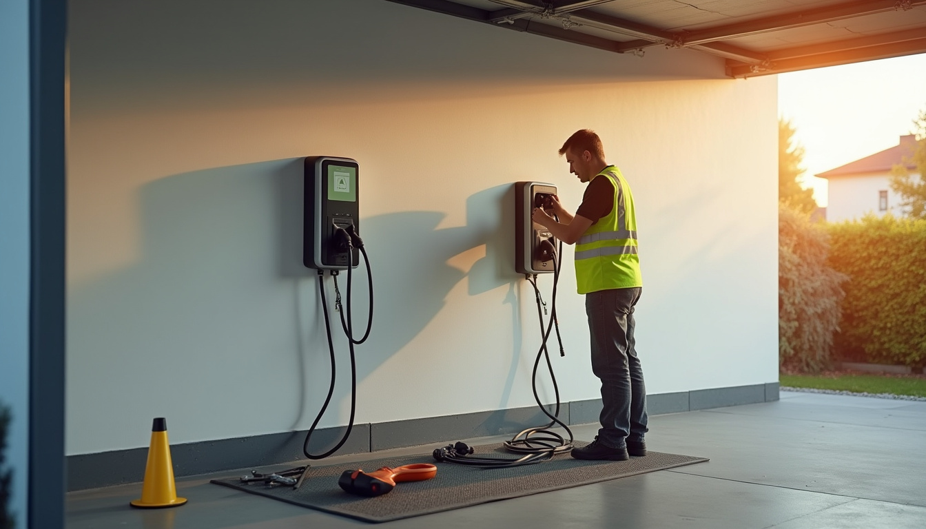Électricien en train d’installer une borne de recharge électrique, certifié IRVE