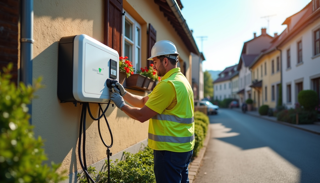 Électricien en train d’installer une borne de recharge électrique contre un mur extérieur d'une maison à Bergheim