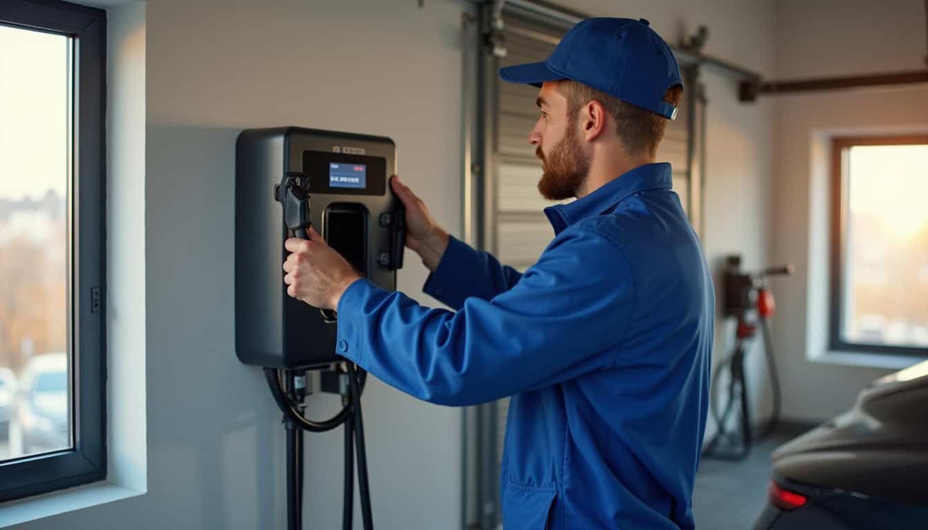 Électricien en train d'installer une borne de recharge électrique dans un garage à Anjou