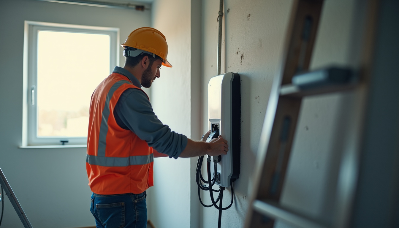 Électricien en train d’installer une borne de recharge électrique dans un garage à Étreillers