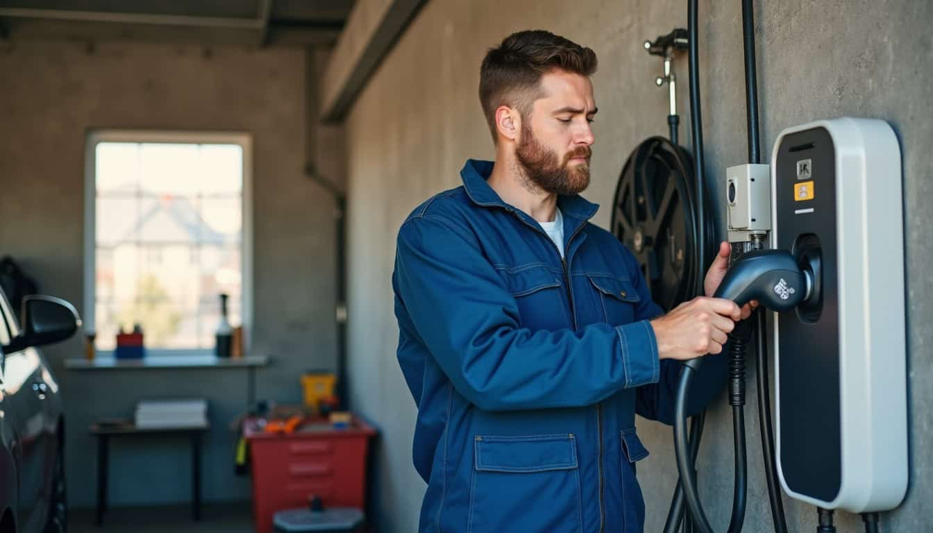 Électricien en train d’installer une borne de recharge électrique dans un garage à La Sure en Chartreuse