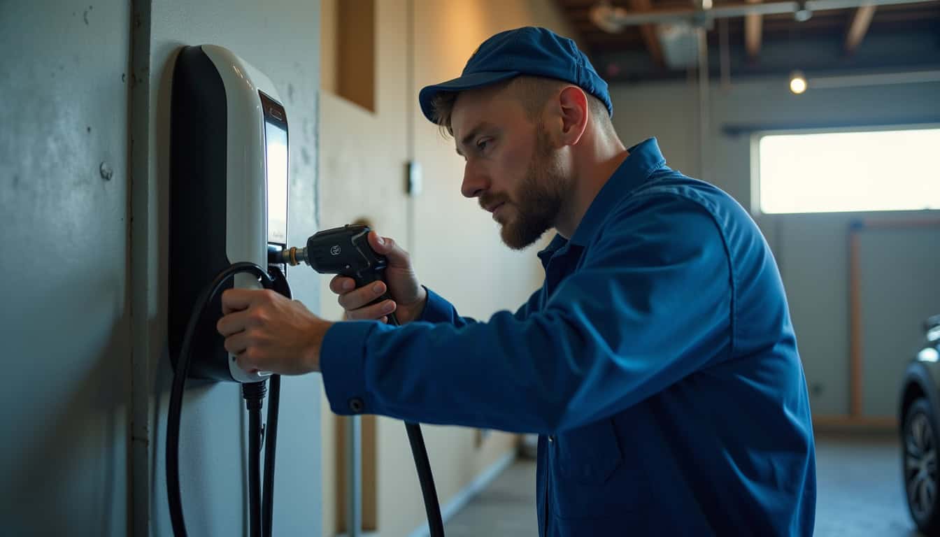 Électricien en train d’installer une borne de recharge électrique dans un garage à Lécluse