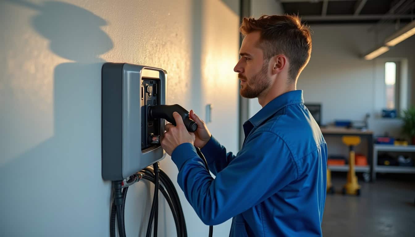 Électricien en train d'installer une borne de recharge électrique dans un garage à Marseille