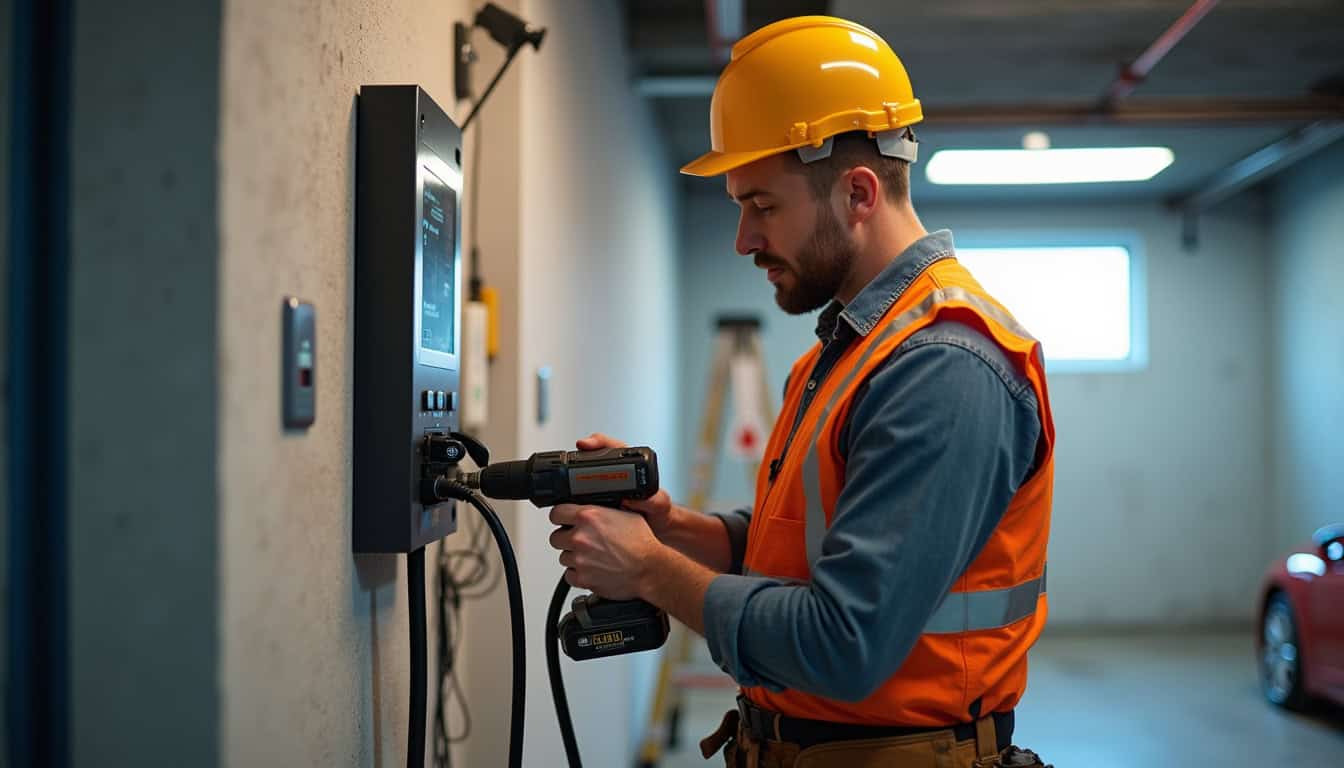 Électricien en train d’installer une borne de recharge électrique dans un garage à Mont-de-Marsan, avec outils et équipements de sécurité