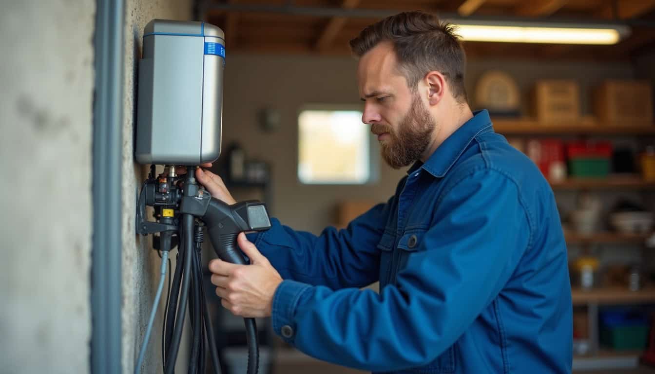 Électricien en train d'installer une borne de recharge électrique dans un garage à Nantua