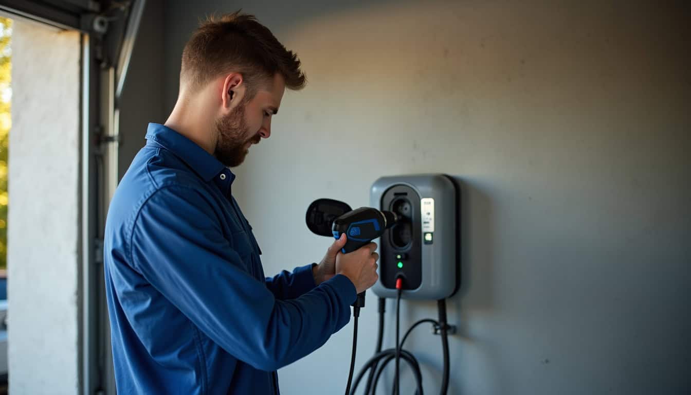 Électricien en train d'installer une borne de recharge électrique dans un garage à Pouligny-Saint-Pierre