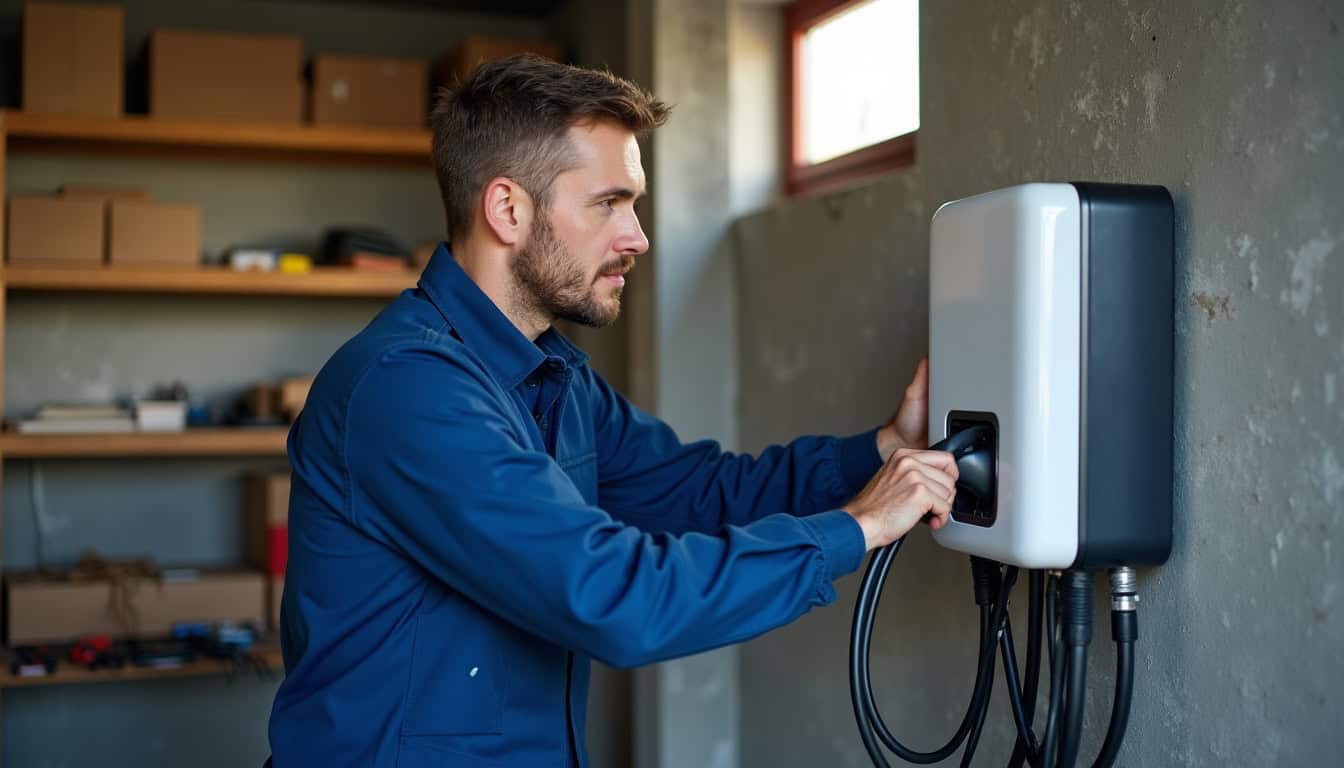 Électricien en train d'installer une borne de recharge électrique dans un garage à Saint-Laurent-en-Grandvaux