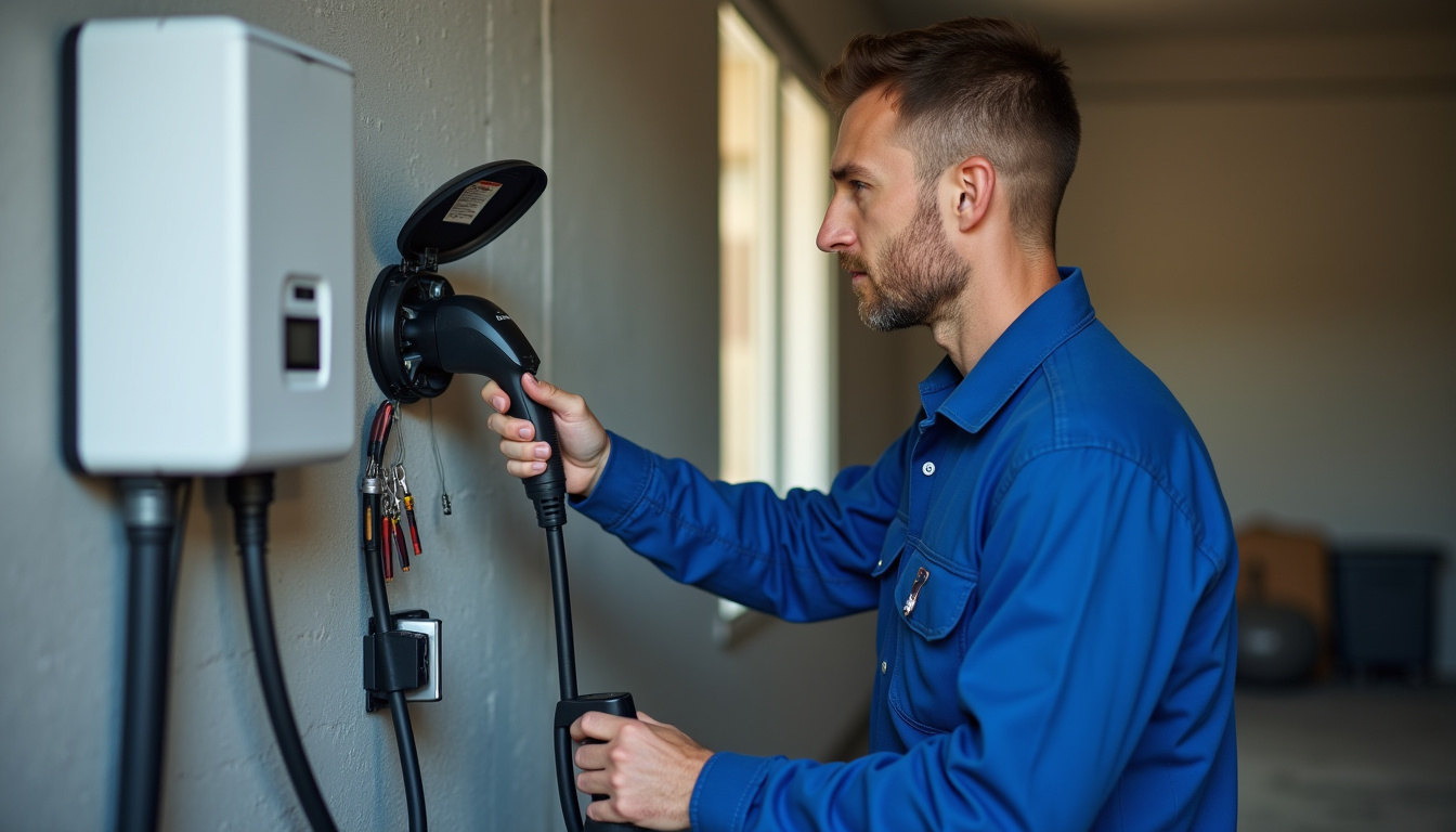 Électricien en train d’installer une borne de recharge électrique dans un garage à Sainte-Foy-lès-Lyon