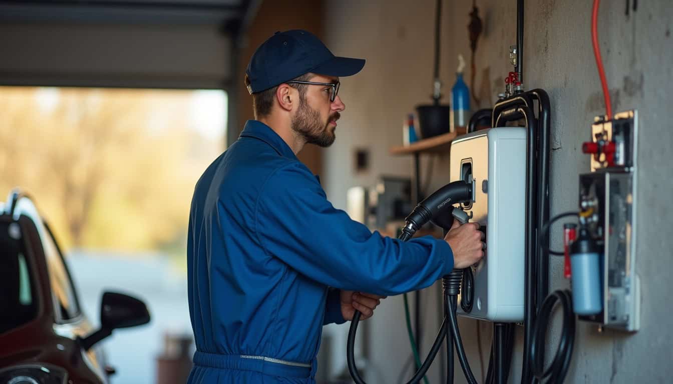 Électricien en train d'installer une borne de recharge électrique dans un garage à Terre-et-Marais