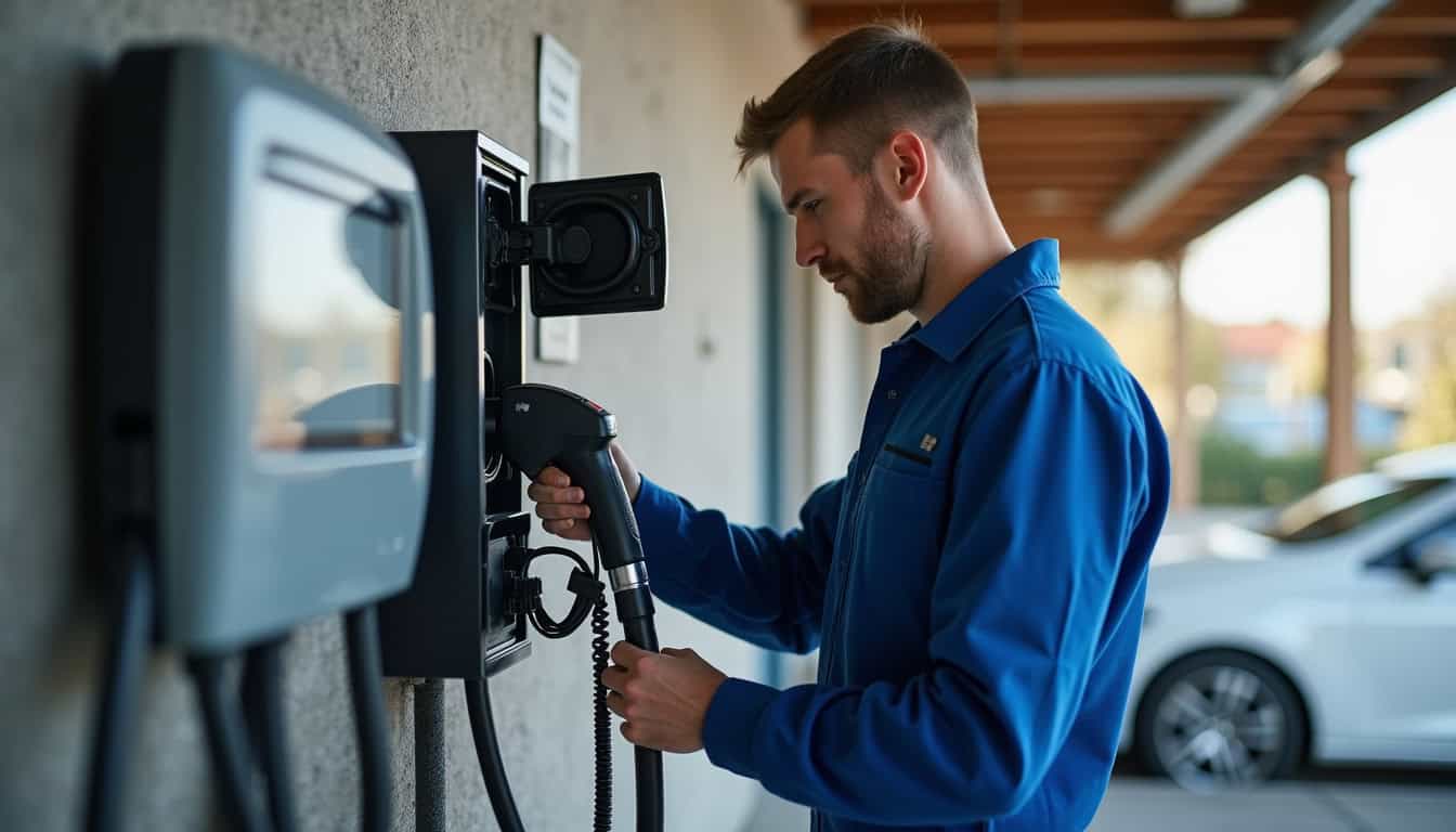 Électricien en train d'installer une borne de recharge électrique dans un garage à Usson-du-Poitou