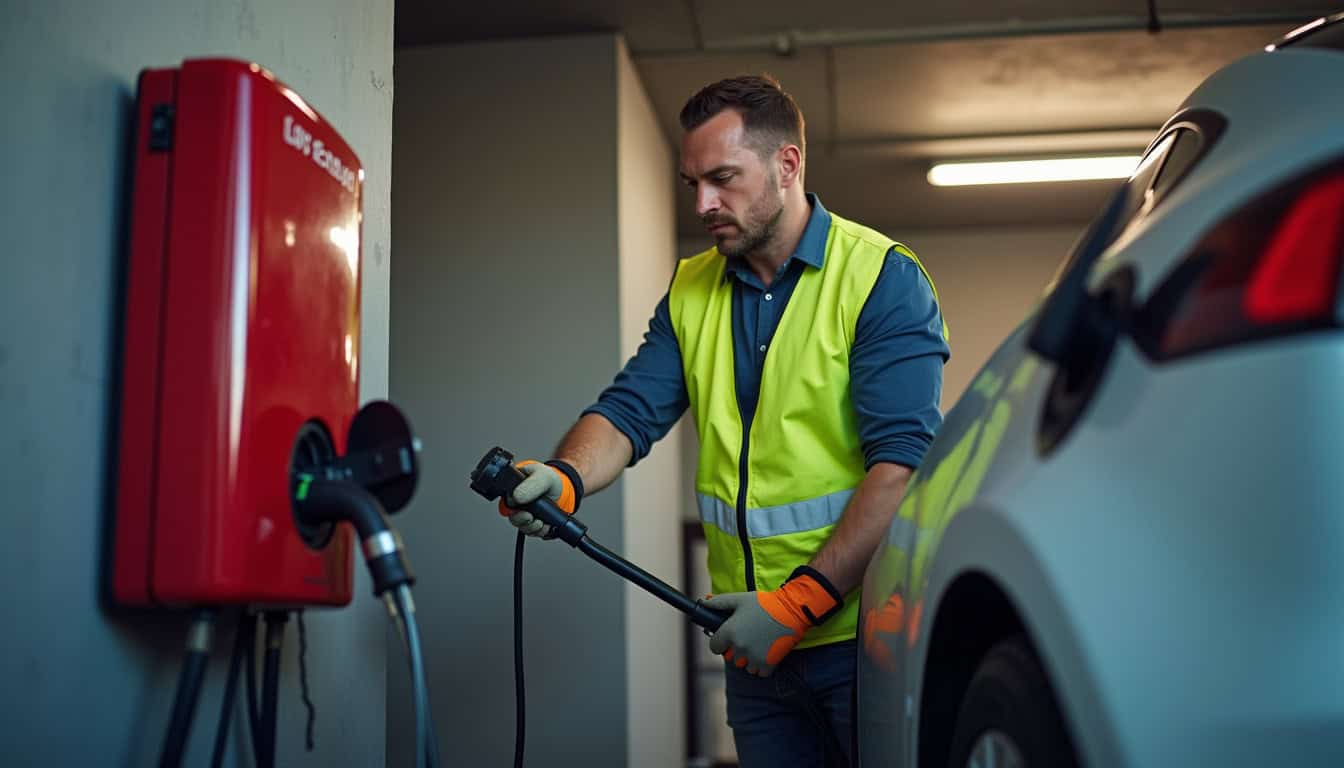 Électricien en train d'installer une borne de recharge électrique dans un garage à Vix