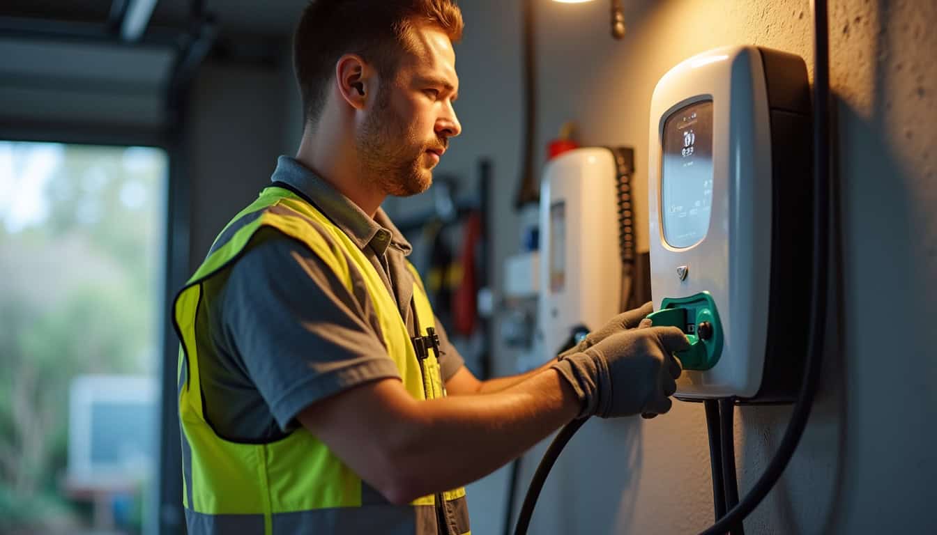 Électricien en train d'installer une borne de recharge électrique dans un garage