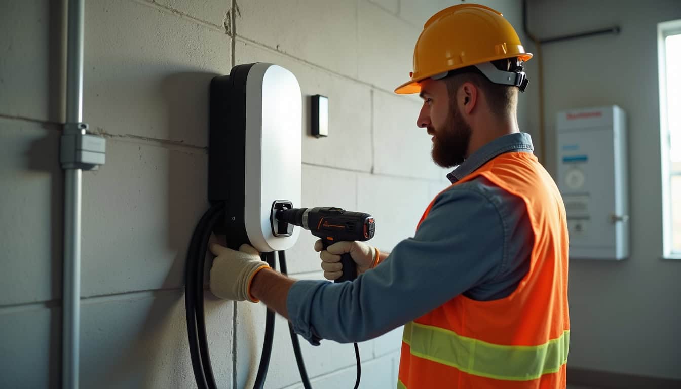 Électricien en train d'installer une borne de recharge électrique dans un garage