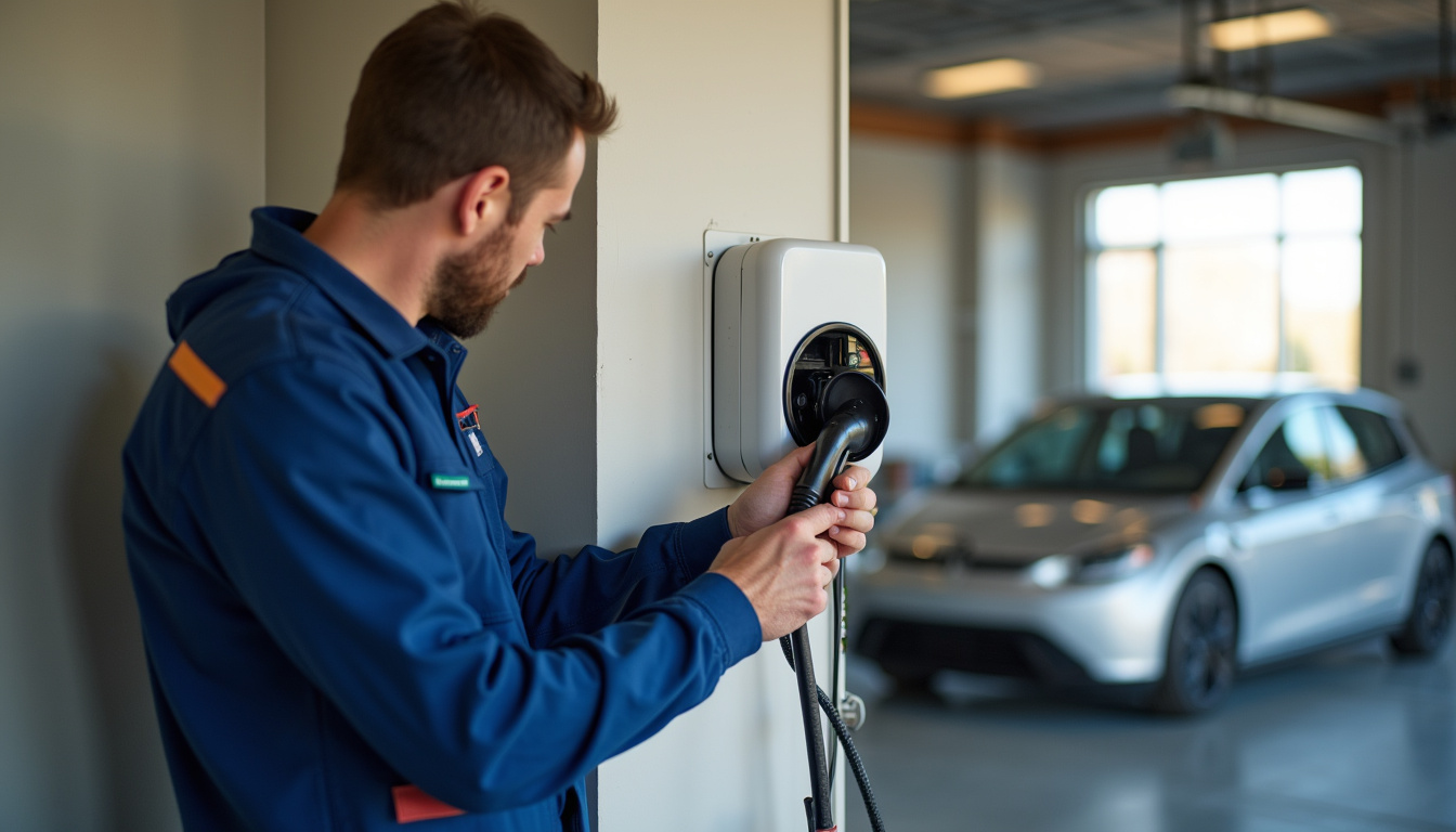 Électricien en train d'installer une borne de recharge électrique dans un garage