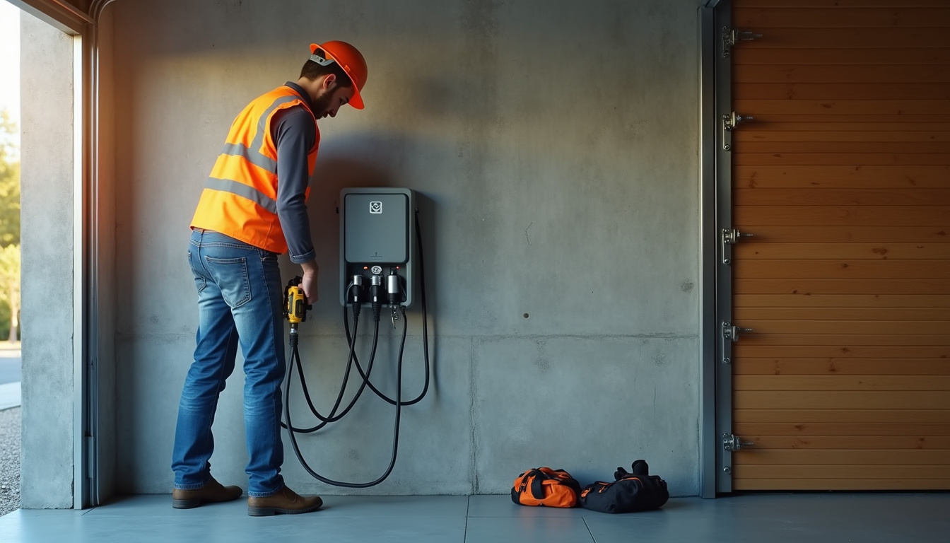 Électricien en train d’installer une borne de recharge électrique dans un garage