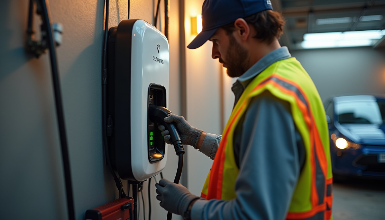 Électricien en train d'installer une borne de recharge électrique dans un garage